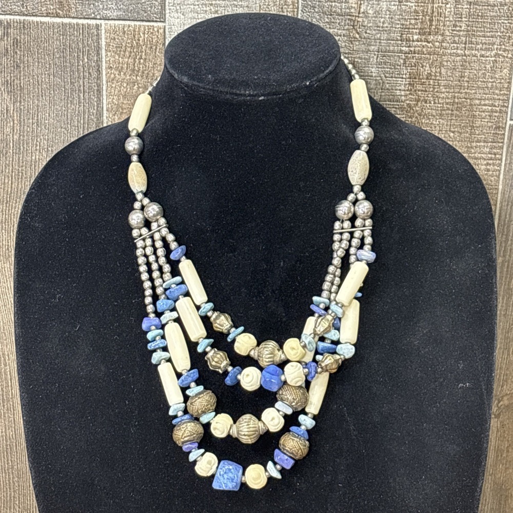Vintage Artisan Multi Strand Blue Stone Bone Bead Silver Tone Statement Necklace